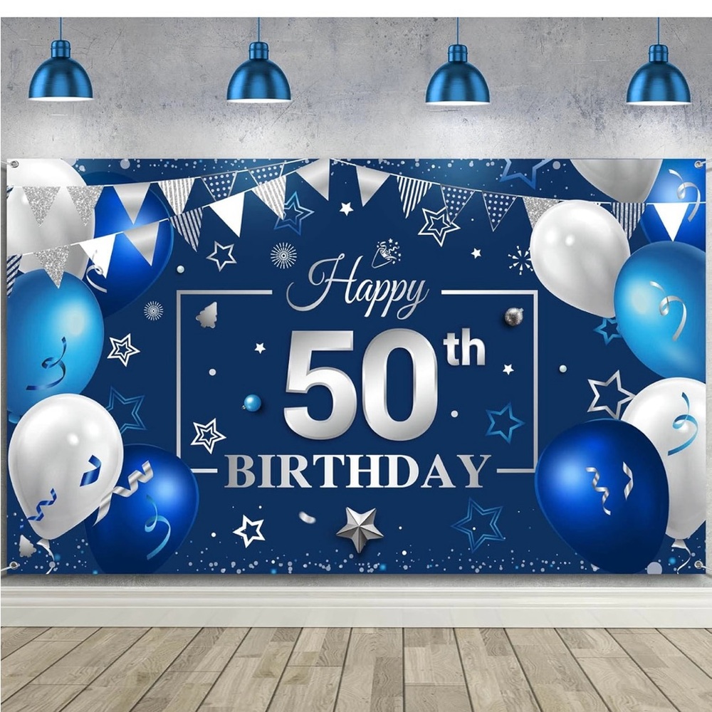 50th Birthday Backdrop Banner Blue and Silver 72”x43”